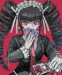 Rule 34 | 1girl, black hair, black nails, bonnet, card, celestia ludenberg, character print, claw ring, covering own mouth, danganronpa: trigger happy havoc, danganronpa (series), drill hair, earrings, frills, gothic lolita, haji (shame 3800), highres, holding, jacket, jewelry, joker (playing card), lolita fashion, long hair, long sleeves, looking at viewer, nail polish, necktie, playing card, red background, red eyes, red necktie, self character print, shirt, simple background, smile, solo, twin drills, twintails, upper body, white shirt