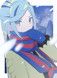 Rule 34 | 1boy, blue mittens, blue scarf, border, commentary request, creatures (company), game freak, green eyes, green hair, grusha (pokemon), highres, jacket, karubolion, long sleeves, looking at viewer, male focus, mittens, nintendo, poke ball print, pokemon, pokemon sv, scarf, scarf over mouth, snowing, solo, striped clothes, striped scarf, twitter username, upper body, watermark, white border, yellow jacket