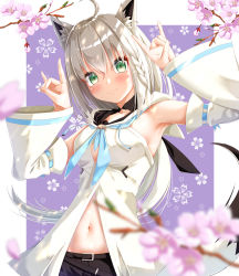 Rule 34 | 1girl, :3, ahoge, animal ear fluff, animal ears, armpits, arms up, bad id, bad pixiv id, belt, black bow, black shorts, blue neckerchief, blurry, blurry foreground, blush, border, bow, braid, breasts, cherry blossoms, collarbone, commentary request, detached sleeves, floral print, fox ears, fox girl, fox shadow puppet, fox tail, green eyes, hair between eyes, hair bow, highres, hololive, hood, hoodie, long hair, looking at viewer, midriff, navel, neckerchief, shirakami fubuki, shirakami fubuki (1st costume), short shorts, shorts, sidelocks, single braid, small breasts, smile, solo, tail, virtual youtuber, white hair, white hoodie, yakatora