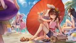 Rule 34 | 6+girls, absurdres, alternate costume, alternate hairstyle, ball, bare legs, barefoot, beach, beachball, blurry, blurry foreground, box, commentary, dango, day, depth of field, english commentary, flat chest, food, highres, houraisan kaguya, inaba mob (touhou), inaba tewi, multiple girls, outdoors, petite, planet, reisen udongein inaba, running, sand, sand castle, sand sculpture, spacecraft, tlobtr, touhou, umbrella, wagashi, yagokoro eirin