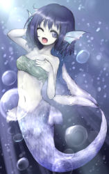 Rule 34 | 1girl, ;d, bad id, bad pixiv id, bandeau, blue eyes, blue hair, bra, bubble, fins, green bra, hand on head, hand on own chest, head fins, mermaid, midriff, monster girl, navel, one eye closed, open mouth, short hair, smile, touhou, underwater, underwear, wakasagihime, wink, yuxyon
