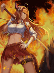 Rule 34 | 1girl, ahoge, armband, black hairband, blonde hair, blunt bangs, bow, braid, breasts, brooch, buttons, cleavage, commentary request, cowboy shot, diagonal-striped bow, dragon girl, dragon horns, dragon tail, embers, fang, fiery background, fire, gem, hair intakes, hairband, hand on own hip, hand up, hand wraps, highres, holding, holding weapon, hololive, horn bow, horn ornament, horns, jewelry, jojobirdz, kiryu coco, large breasts, long hair, looking away, looking to the side, midriff, miniskirt, multicolored hair, navel, orange hair, over shoulder, parted lips, pleated skirt, pointy ears, red eyes, red skirt, shirt, side braid, sidelocks, single braid, skin fang, skindentation, skirt, sleeves rolled up, solo, standing, stomach, streaked hair, striped, striped bow, tail, thigh strap, torn clothes, torn shirt, torn skirt, virtual youtuber, weapon, weapon over shoulder, white shirt, wrist wrap