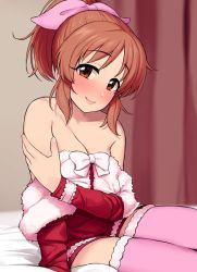 Rule 34 | 1girl, abe nana, arm support, bad id, bad twitter id, blurry, blurry background, blush, bow, breasts, cleavage, curtains, dress, fingernails, fur trim, hair bow, hand on own arm, high ponytail, idolmaster, idolmaster cinderella girls, light smile, lips, long sleeves, looking at viewer, medium breasts, nose blush, off shoulder, omaru gyuunyuu, on bed, orange eyes, orange hair, pink thighhighs, ponytail, red dress, sitting, solo, thighhighs, undressing