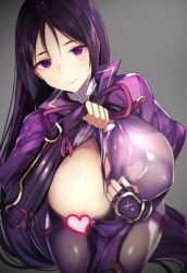Rule 34 | 1girl, areola slip, arm guards, blurry, blush, bodysuit, breasts, censored, censored nipples, depth of field, elbow gloves, fate/grand order, fate (series), fingerless gloves, gloves, grey background, hand on own chest, heart, heart censor, huge breasts, long hair, looking at viewer, looking up, minamoto no raikou (fate), parted bangs, purple eyes, purple gloves, purple hair, ribbed sleeves, rope, simple background, smile, solo, tetsubuta, thighs, torn bodysuit, torn clothes, turtleneck, very long hair