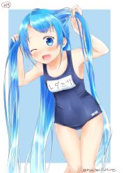 Rule 34 | 10s, 1girl, ;d, alternate costume, bare arms, bare shoulders, blue eyes, blue hair, blue nails, blue theme, blush, bunching hair, eyebrows, flying sweatdrops, gradient hair, kantai collection, long hair, looking at viewer, mae (maesanpicture), matching hair/eyes, multicolored hair, nail polish, name tag, numbered, one-piece swimsuit, one eye closed, open mouth, samidare (kancolle), school swimsuit, smile, solo, swimsuit, twitter username, very long hair