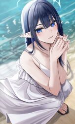 Rule 34 | 1girl, alternate costume, bare arms, beach, black hair, blue archive, blue eyes, blurry, blurry background, collarbone, dress, earrings, feet, frilled dress, frills, from above, halo, highres, jewelry, looking at viewer, nail polish, nicky w, ocean, outdoors, pointy ears, rin (blue archive), sand, sandals, sleeveless, sleeveless dress, slit pupils, solo, squatting, straight hair, sundress, toenail polish, toenails, toes, water, wet, white dress
