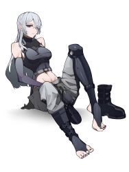 Rule 34 | 1girl, abs, absurdres, ak-15 (girls&#039; frontline), boots, breasts, elbow gloves, girls&#039; frontline, gloves, highres, large breasts, long hair, looking at viewer, navel, purple eyes, simple background, sitting, solo, stomach, swept bangs, tactical clothes, tank top, white background, white hair, yat (tsmn7245)