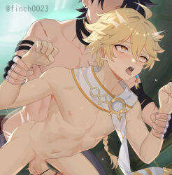 Rule 34 | 2boys, aether (genshin impact), ahegao, black hair, blonde hair, blush, braid, censored, completely nude, earrings, finch (blanc1771), genshin impact, grey hair, hair between eyes, hair ornament, jewelry, long hair, male focus, multiple boys, navel, nipples, nude, open mouth, penis, scarf, sex, sex from behind, stomach, testicles, tongue, tongue out, white scarf, wriothesley (genshin impact), yaoi, yellow eyes