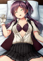Rule 34 | 1girl, ahoge, black skirt, black vest, blouse, blush, bow, bow bra, bra, breasts, buttons, closed eyes, commentary request, cowboy shot, gloves, hagikaze (kancolle), hair between eyes, highres, kamelie, kantai collection, lying, neck ribbon, on back, on bed, one side up, open clothes, open mouth, pillow, pleated skirt, purple bra, purple hair, ribbon, sexually suggestive, shirt, short sleeves, skirt, sleeping, solo, spread legs, sweat, sweatdrop, underwear, undressing, vest, white gloves, white shirt