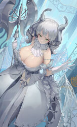 Rule 34 | 1girl, absurdres, breasts, cleavage, demon girl, demon horns, demon wings, dress, duel monster, gloves, grey eyes, highres, holding, horns, large breasts, lovely labrynth of the silver castle, low wings, mamayu, multiple wings, pointy ears, smile, solo, transparent wings, twintails, weapon, white gloves, white hair, white horns, wings, yu-gi-oh!