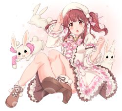 Rule 34 | absurdres, beige dress, bow, brown eyes, brown footwear, brown hair, clover, earrings, four-leaf clover, frilled skirt, frills, hat, highres, idolmaster, idolmaster cinderella girls, idolmaster cinderella girls starlight stage, jewelry, looking at viewer, ogata chieri, open mouth, pink background, pink bow, pom pom (clothes), puffy sleeves, ribbon-trimmed clothes, ribbon trim, simple background, sirurabbit, skirt, solo, twintails