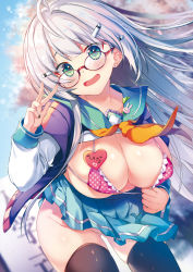 Rule 34 | 1girl, ahoge, aqua skirt, bad id, bad pixiv id, black legwear, bra, bra pull, breasts, cherry blossoms, cleavage, clothes lift, clothes pull, collared shirt, commentary request, covered erect nipples, day, ear piercing, earrings, glasses, gluteal fold, green eyes, hair ornament, hairclip, handkerchief, heart, highres, jacket, jewelry, kaniya shiku, large breasts, lifted by self, long hair, no panties, open mouth, orange ribbon, original, outdoors, piercing, pink bra, pleated skirt, polka dot, polka dot bra, purple jacket, ribbon, sailor collar, school uniform, shiny skin, shirt, shirt lift, sign, silver hair, skirt, smile, solo, underwear, v, white shirt