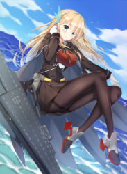 Rule 34 | 1girl, black footwear, blonde hair, blue sky, blush, boots, breasts, brown cape, brown jacket, brown pantyhose, brown ribbon, cape, cloud, collared shirt, commentary request, day, full body, gloves, green eyes, hair between eyes, hair ornament, tucking hair, hairband, hand up, highres, jacket, large breasts, lexington (cv-16) (warship girls r), long hair, long legs, long sleeves, looking at viewer, looking to the side, machinery, neck ribbon, necktie, ocean, orange neckwear, outdoors, pantyhose, parted lips, ribbon, shiny clothes, shirt, sky, solo, sparkle, warship girls r, white gloves, white hairband, white shirt, yuxian youka