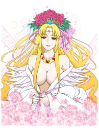 Rule 34 | 10s, 1girl, aphrodite (suite precure), bare shoulders, blonde hair, breasts, censored, circlet, cleavage, collarbone, convenient censoring, crown, eyelashes, flower, hair flower, hair ornament, heart, highres, large breasts, leaf, lips, long hair, musical note, precure, red rose, rose, sabachiyo land, smile, solo, staff (music), suite precure, yellow eyes