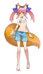 Rule 34 | 10s, 1girl, animal ear fluff, animal ears, bandages, barefoot, blush, breasts squeezed together, breasts, cleavage, fate/extra, fate (series), fox ears, fox tail, full body, hair between eyes, hair ribbon, legs, medium breasts, navel, official alternate costume, official art, pink hair, ribbon, sarashi, shorts, solo, standing, tail, tamamo (fate), tamamo no mae (fate/extra), transparent background, twintails, wada arco, yellow eyes