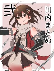 Rule 34 | 1girl, ahoge, bare shoulders, black gloves, black neckerchief, black skirt, brown eyes, brown hair, buttons, commentary, double-breasted, elbow gloves, fingerless gloves, fishnet gloves, fishnets, furrowed brow, gloves, hair ornament, hand on own hip, kantai collection, neckerchief, reaching, reaching towards viewer, rinto (rint rnt), scarf, school uniform, sendai (kancolle), sendai kai ni (kancolle), serafuku, short hair, skirt, solo, torpedo, torpedo launcher, translated, two side up, white scarf