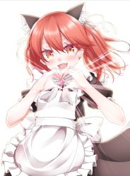 Rule 34 | 1girl, :d, alternate costume, animal ear fluff, animal ears, apron, bad id, bad twitter id, black dress, blush, bow, brown eyes, brown hair, cat ears, commentary request, dress, enmaided, fang, frilled apron, frills, grey bow, hair between eyes, hands up, heart, heart hands, kantai collection, kemonomimi mode, kirigakure (kirigakure tantei jimusho), magatama, maid, maid apron, open mouth, puffy short sleeves, puffy sleeves, ryuujou (kancolle), short sleeves, simple background, smile, solo, twintails, white apron, white background
