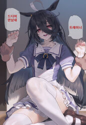Rule 34 | 1boy, 1girl, ahoge, animal ears, black hair, blurry, blush, bright pupils, collarbone, commentary request, crying, crying with eyes open, depth of field, disembodied limb, feet out of frame, frilled skirt, frills, furrowed brow, hair between eyes, half-closed eyes, hand up, highres, holding another&#039;s wrist, horse ears, horse girl, horseshoe ornament, knee up, korean commentary, korean text, long bangs, looking at viewer, manhattan cafe (umamusume), neck ribbon, on floor, open mouth, purple ribbon, purple shirt, raised eyebrows, red eyes, ribbon, sad smile, sailor collar, sarcophage, school uniform, serafuku, shirt, sitting, skirt, sunday silence (racehorse), tears, thighhighs, tile floor, tiles, tracen school uniform, translation request, umamusume, white hair, white pupils, white sailor collar, white shirt, white thighhighs