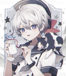 Rule 34 | 1boy, animal, animal on shoulder, bottle, cat, commentary, drink, english commentary, food, hat, highres, holding, looking at animal, looking at object, milk, milk bottle, namiki itsuki, open mouth, original, silver hair, symbol-only commentary, teeth, tongue, tongue out, watch, wristwatch