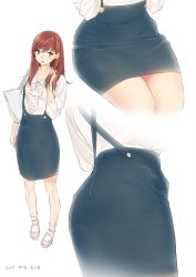 Rule 34 | 10s, 1girl, alternate costume, ama mitsuki, blouse, blue skirt, brown eyes, brown hair, casual, center frills, collarbone, commentary, dated, frills, hair over shoulder, kantai collection, lips, long hair, looking to the side, mary janes, miniskirt, multiple views, ooi (kancolle), pantylines, parted lips, pencil skirt, shirt, shoes, skirt, suspender skirt, suspenders, swept bangs, white legwear, white shirt