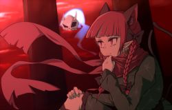 Rule 34 | 1girl, animal ears, anime coloring, bow, braid, cat ears, cat tail, earrings, hair bow, horns, jewelry, kaenbyou rin, multiple tails, pointy ears, red eyes, red hair, red sky, ribbon, scarf, short hair, sitting, skull, sky, solo, tail, tenkomori (bug kura), touhou, twin braids