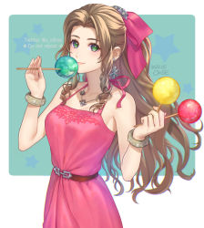 Rule 34 | 1girl, aerith gainsborough, aerith gainsborough (pink dress), bare shoulders, belt, bow, bracelet, breasts, brown hair, dress, earrings, final fantasy, final fantasy vii, final fantasy vii remake, green eyes, hair bow, hair ornament, jewelry, medium breasts, necklace, official alternate costume, ohse, parted bangs, pink dress, ponytail, sidelocks, sleeveless, sleeveless dress, solo, square enix, star (symbol), wall market, wavy hair