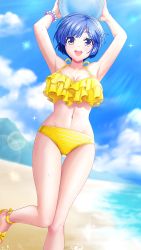 Rule 34 | 1girl, :d, armpits, arms up, ball, beach, beachball, bikini, blue eyes, blue hair, blue sky, bracelet, cloud, collarbone, day, doukyuusei, doukyuusei another world, game cg, gluteal fold, groin, halterneck, holding, holding ball, jewelry, layered bikini, lens flare, looking at viewer, navel, ocean, official art, open mouth, outdoors, short hair, sky, smile, solo, sparkle, standing, standing on one leg, striped bikini, striped clothes, summer, sunlight, swimsuit, tamachi hiromi, thigh gap, white bikini
