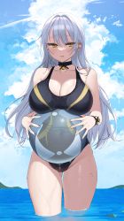 Rule 34 | 1girl, absurdres, bad id, bad pixiv id, ball, bare arms, bare legs, bell, black one-piece swimsuit, blue sky, bracelet, breasts, choker, cleavage, cloud, collarbone, commentary, covered navel, day, gluteal fold, highres, holding, holding ball, horizon, jewelry, large breasts, long hair, looking to the side, myao (o3o333), neck bell, ocean, one-piece swimsuit, original, outdoors, parted lips, silver hair, sky, solo, swimsuit, symbol-only commentary, thigh gap, thighs, wading, yellow eyes