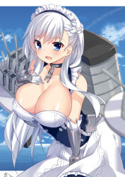Rule 34 | 1girl, :d, arm support, azur lane, belfast (azur lane), bent over, blue eyes, blue sky, blurry, breasts, cleavage, cloud, cloudy sky, collarbone, commentary, craytm, depth of field, elbow gloves, english commentary, eyes visible through hair, gauntlets, gloves, highres, horizon, large breasts, long hair, looking at viewer, machinery, maid, maid headdress, ocean, open mouth, sidelocks, silver hair, sky, smile, solo, turret