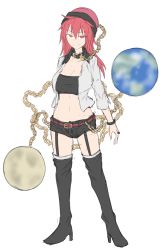 Rule 34 | &gt;:), 1girl, alternate costume, black thighhighs, blush, boots, breasts, chain, collar, contemporary, earth (ornament), gold chain, hecatia lapislazuli, high heel boots, high heels, jacket, kuroba rapid, large breasts, long hair, moon (ornament), red eyes, red hair, short shorts, shorts, smug, solo, strapless, thigh boots, thighhighs, touhou, tube top, v-shaped eyebrows