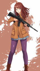 Rule 34 | 1girl, assault rifle, boots, brown eyes, brown hair, coat, gun, highres, legs, m4 carbine, original, pantyhose, pinkwaters, pleated skirt, purple pantyhose, rifle, skirt, solo, weapon