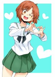 Rule 34 | 1girl, ;d, aono3, aqua background, black neckerchief, blouse, brown eyes, brown hair, commentary, dutch angle, girls und panzer, green skirt, heart, heart hands, highres, long sleeves, looking at viewer, miniskirt, neckerchief, nishizumi miho, one eye closed, ooarai school uniform, open mouth, outside border, pleated skirt, school uniform, serafuku, shirt, short hair, skirt, smile, solo, standing, white shirt