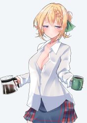 Rule 34 | 1girl, absurdres, blonde hair, blush, braid, braided bun, breasts, cleavage, coffee mug, coffee pot, cowboy shot, cup, dress shirt, gluteal fold, grey background, hair bun, half-closed eyes, highres, kantai collection, komb, looking at viewer, loose clothes, loose shirt, medium breasts, mug, partially unbuttoned, perth (kancolle), plaid, plaid skirt, pouty lips, purple eyes, see-through silhouette, shirt, short hair, simple background, skirt, solo, steam, untucked shirt, white shirt, wing collar