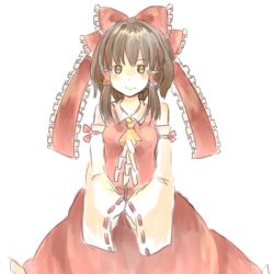 Rule 34 | 1girl, ascot, bad id, bad pixiv id, bow, brown hair, cowboy shot, detached sleeves, female focus, frilled bow, frills, gohei, hair bow, hair tubes, hakurei reimu, japanese clothes, looking at viewer, miko, oonusa, rit519, short hair, smile, solo, touhou, white background, yellow eyes