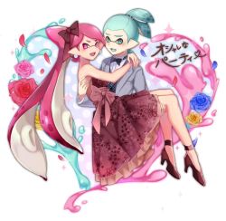 Rule 34 | 1boy, 1girl, alternate hairstyle, anklet, aqua eyes, aqua hair, bad id, bad pixiv id, black bow, black bowtie, blazer, bow, bowtie, bracelet, carrying, dress, dress shirt, earrings, fangs, floral dress, formal, grey jacket, hair bow, hair pulled back, hair ribbon, hair up, high heels, inkling, inkling boy, inkling girl, inkling player character, jacket, jewelry, long sleeves, mask, medium dress, mimimi (echonolog), nintendo, open mouth, paint splatter, petticoat, pink bow, pink dress, pink eyes, pink footwear, pink hair, pointy ears, princess carry, print dress, red bow, ribbon, scrunchie, shirt, shoes, smile, strapless, strapless dress, striped bow, striped bowtie, striped clothes, striped neckwear, tentacle hair, topknot, tuxedo, vest, white shirt