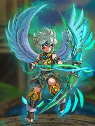 Rule 34 | alternate color, alternate costume, alternate eye color, alternate hair color, alternate weapon, arm belt, armor, aura, belt, blue gemstone, bow (weapon), breastplate, chest jewel, corruption, crescent, crossover, dark persona, facial tattoo, feathered wings, fierce deity, fingerless gloves, floating, frown, gem, gloves, glowing, hal laboratory, highres, holding, holding bow (weapon), holding weapon, kid icarus, kid icarus uprising, looking to the side, nintendo, no pupils, pit (kid icarus), possessed, possession, sandals, short hair, shorts, stoic seraphim, super smash bros., tattoo, the legend of zelda, the legend of zelda: majora&#039;s mask, toeless footwear, triangle, tunic, weapon, white eyes, white hair, white wings, wings