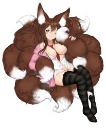 Rule 34 | 1girl, animal ear fluff, animal ears, bad id, bad pixiv id, between breasts, black thighhighs, bottomless, breasts, brown hair, buttons, cardigan, cleavage, commission, fluffy, fox ears, fox tail, full body, green eyes, highres, holding, holding with tail, jacket, large breasts, large tail, long hair, looking at viewer, multiple tails, necktie, necktie between breasts, no bra, one eye closed, open clothes, open shirt, original, pink cardigan, pink jacket, plushmallow, prehensile tail, red necktie, shirt, sitting, smile, solo, striped clothes, striped thighhighs, susukitten, tail, thighhighs, twintails, unbuttoned, white shirt