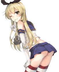 Rule 34 | 10s, 1girl, anchor hair ornament, ass, bent over, black panties, blonde hair, brown eyes, commentary request, crop top, elbow gloves, gloves, hair ornament, hair ribbon, kantai collection, long hair, looking at viewer, midriff, one eye closed, panties, pantyshot, pleated skirt, ribbon, rinarisa, school uniform, serafuku, shimakaze (kancolle), skirt, smile, solo, standing, striped clothes, striped thighhighs, thighhighs, underwear, very long hair, white gloves