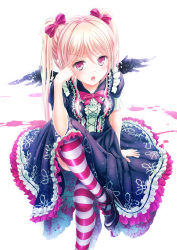 Rule 34 | 1girl, :o, alc, alc (ex2 lv), bad id, bad pixiv id, black dress, black wings, blonde hair, blush, bow, bowtie, cross-laced clothes, dress, hair between eyes, highres, lolita fashion, looking at viewer, open mouth, original, pink bow, pink bowtie, pink eyes, puffy short sleeves, puffy sleeves, short sleeves, simple background, sitting, solo, striped clothes, striped thighhighs, thighhighs, tongue, tongue out, twintails, white background, wings
