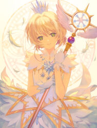 1girl antenna_hair brown_hair cardcaptor_sakura cardcaptor_sakura_clear_card_arc closed_mouth commentary_request cowboy_shot crown dress feathers gloves green_eyes holding holding_staff kinomoto_sakura looking_at_viewer magic_circle magical_girl saeldam short_hair smile solo staff standing white_dress white_gloves white_wings wings yume_no_tsue