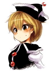 Rule 34 | 1girl, black dress, blonde hair, blush, capelet, crescent, dress, hair between eyes, harusame (unmei no ikasumi), hat, juliet sleeves, long sleeves, looking at viewer, lunasa prismriver, puffy long sleeves, puffy sleeves, shirt, simple background, solo, touhou, upper body, white background, yellow eyes