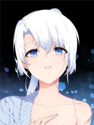 Rule 34 | 1girl, blouse, blue eyes, hand on own chest, lipstick, long hair, looking at viewer, makeup, mk-li zhiheng, my girl is a dragon, non-web source, off shoulder, reese (my girl is a dragon), shirt, white hair