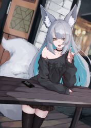 Rule 34 | 1girl, absurdres, animal ear fluff, animal ears, aqua hair, black nails, black skirt, black sweater, black thighhighs, cellphone, colored inner hair, fox ears, fox girl, fox shadow puppet, fox tail, grey hair, highres, leaning on table, long hair, long sleeves, looking at viewer, multicolored hair, nail polish, off-shoulder sweater, off shoulder, original, phone, plaid, plaid skirt, skirt, smartphone, sweater, table, tail, thick eyebrows, thighhighs, tongue, tongue out, two-tone hair, yaho nyan, yellow eyes