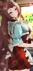 Rule 34 | 1girl, absurdres, animal ears, apron, blue eyes, blue skirt, blush, braid, breasts, brown hair, commentary, cooking, cooking pot, cowboy shot, cropped shirt, crown braid, day, dress, ear ornament, food, frilled apron, frills, grin, half updo, highres, holding, holding ladle, horse ears, horse girl, horse tail, indoors, kawakami princess (umamusume), kitchen, ladle, large breasts, long hair, looking at viewer, maou (maoudaisukiya), open clothes, open shirt, parted bangs, plaid, plaid dress, pleated dress, red dress, short sleeves, sidelocks, skirt, smile, solo, standing, stove, tail, teeth, umamusume, white apron, window