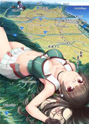 Rule 34 | 10s, 2girls, armpits, black hair, black skirt, breasts, choukai (kancolle), city, cleavage, collarbone, commentary request, from above, giant, giantess, glasses, gloves, haguro (kancolle), huge giantess, ichikawa feesu, jacket, kantai collection, kneeling, large breasts, long hair, looking at viewer, lying, map, miniskirt, mogami (kancolle), mountain, multiple girls, navel, ocean, pantyhose, pencil skirt, pleated skirt, purple jacket, red eyes, remodel (kantai collection), river, short hair, skirt, smile, translation request, white gloves, white skirt