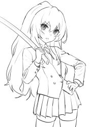 Rule 34 | 1girl, absurdres, aisaka taiga, blazer, blush, bokken, buttons, carlo montie, closed mouth, collared shirt, cowboy shot, double-breasted, greyscale, hair between eyes, hand on own hip, hand up, highres, jacket, long hair, long sleeves, looking at viewer, monochrome, neck ribbon, pleated skirt, ribbon, shirt, skirt, solo, sword, thighhighs, toradora!, weapon, wooden sword, zettai ryouiki