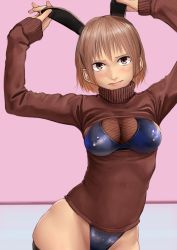 Rule 34 | 1girl, absurdres, animal ears, blue leotard, blush, breasts, brown eyes, brown hair, brown sweater, cleavage cutout, closed mouth, clothing cutout, contrapposto, covered erect nipples, fake animal ears, hand on own ear, hands up, highleg, highleg leotard, highres, kilye kairi, latex, latex leotard, leotard, long sleeves, looking at viewer, medium breasts, meme attire, mole, mole under eye, open-chest sweater, original, playboy bunny, rabbit ears, short hair, skindentation, solo, sweater, thighhighs