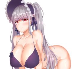 Rule 34 | absurdres, bad id, bad pixiv id, bikini, bikini top only, blush, bottomless, breasts, character request, closed mouth, collarbone, dungeon and fighter, heart, heart-shaped pupils, highres, huge breasts, huge filesize, lelick, long hair, looking at viewer, nipples, purple bikini, red eyes, silver hair, silver luster tagore, simple background, smile, solo, swimsuit, symbol-shaped pupils, twintails, white background