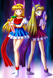 Rule 34 | 1990s (style), 2girls, absurdres, akazukin chacha, back-to-back, bare legs, belt, blonde hair, blue dress, bracelet, bracer, brown eyes, cape, closed mouth, collarbone, dark persona, dark princess, dress, evil smile, female focus, full body, gem, green eyes, grin, hairband, head wings, highres, holding, holding sword, holding weapon, jewelry, lavender shoes, lavender skirt, legs, long hair, looking at viewer, looking back, magical princess, multiple girls, nail polish, neck, neck ring, parted lips, purple cape, purple dress, purple hairband, purple nails, red cape, red hairband, retro artstyle, ring, serious, shoes, short sleeves, skirt, smile, standing, sword, weapon, white footwear, white skirt, wide sleeves, wings