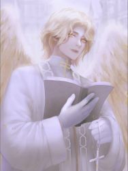Rule 34 | 1boy, adam (lord of the mysteries), angel, angel wings, blonde hair, book, building, cathedral, chinese commentary, colored eyelashes, commentary request, cross, gloves, hands up, holding, holding book, holding cross, long sleeves, lord of the mysteries, open book, robe, short hair, smile, teeth, themessiah, white robe, wings, yellow eyes